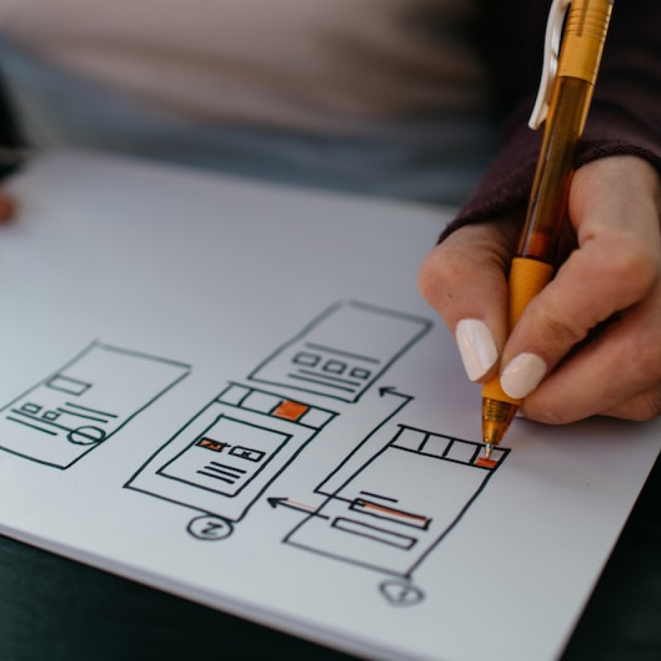 person drawing a UX wireframe design